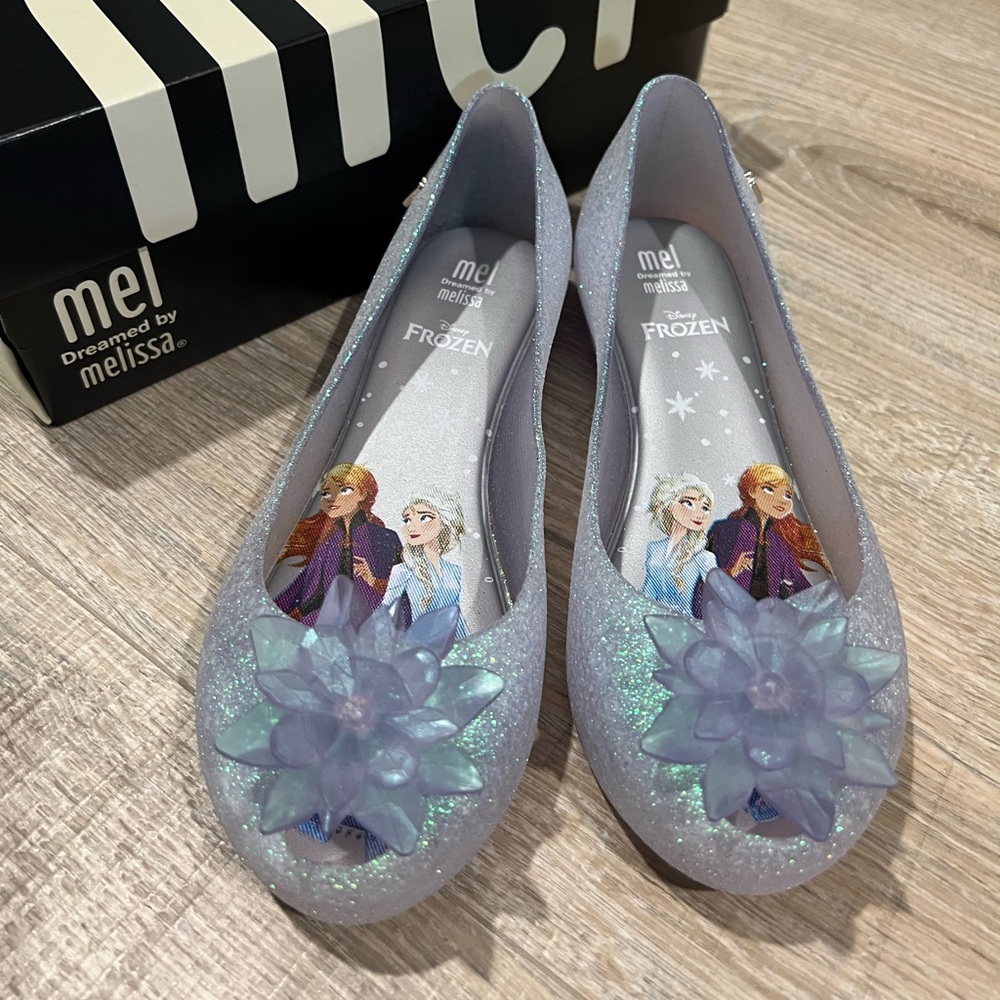 NIB Mini Melissa Girls Disney Sparkle Clear Glitter Frozen Dress Shoes Size 1